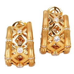Cartier Gold and Brilliant Round Diamond 'Bamboo' Hoop Earrings, French