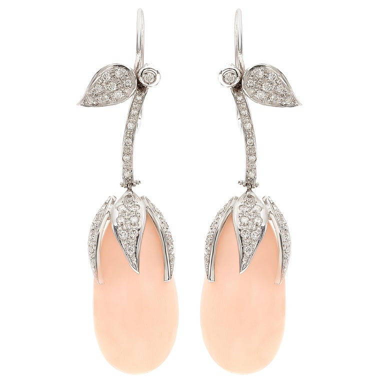 18 Karat White Gold Pale Pink C And Diamonds Fl Earrings For 18 Karat White Gold Pale Pink C And Diamonds Fl Earrings For