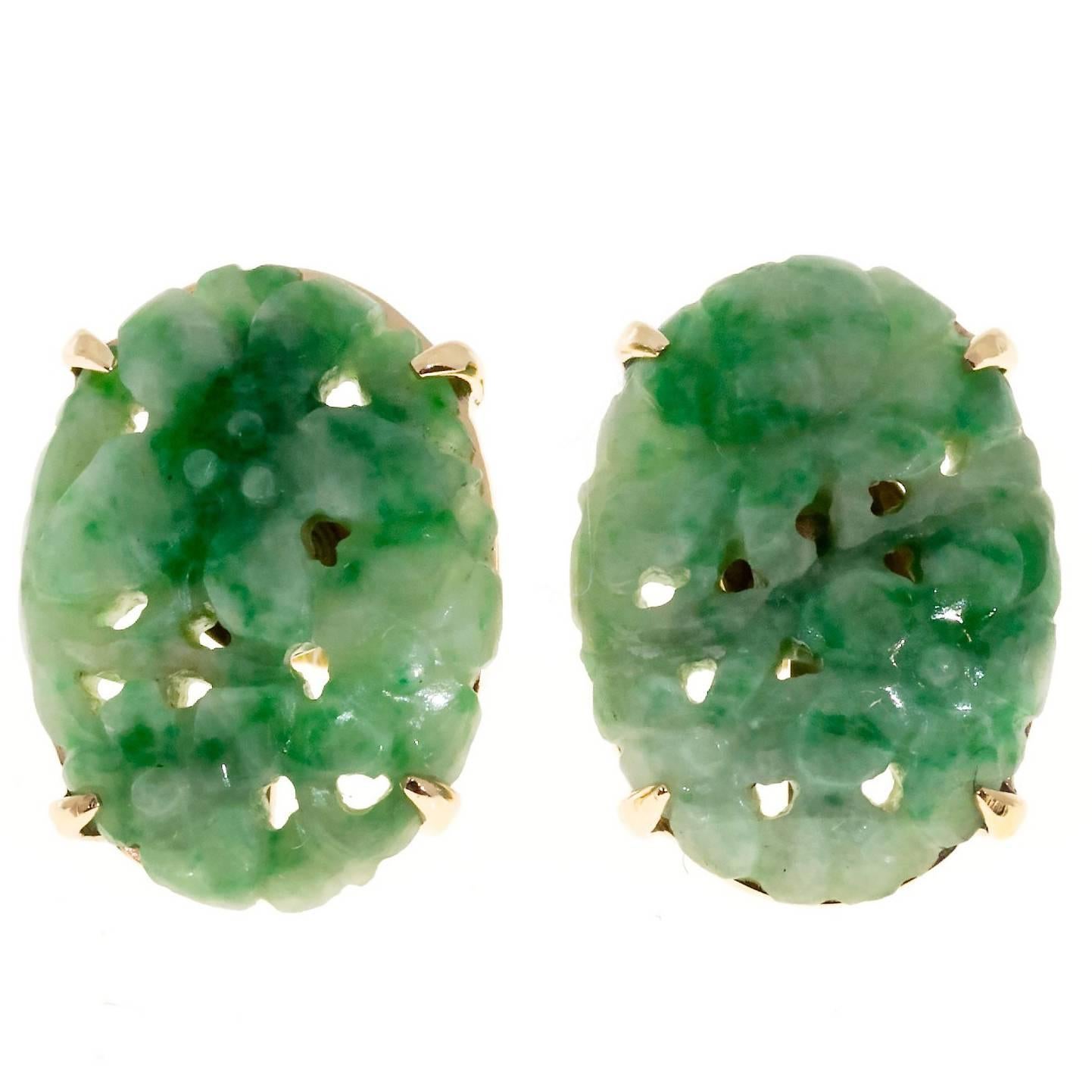 GIA Certified Art Deco Oval Jadeite Jade Gold Earrings