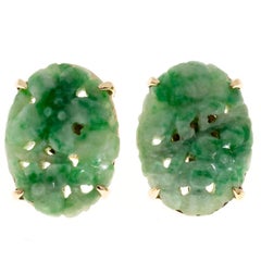 Antique GIA Certified Art Deco Oval Jadeite Jade Gold Earrings