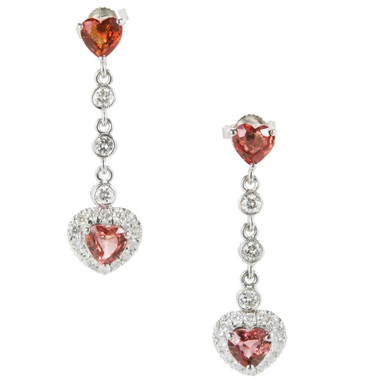 Orange Heart Sapphire Diamond Gold Drop Dangle Earrings For Sale at 1stDibs