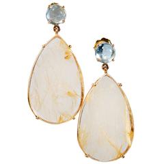 Peter Suchy Natural Aquamarine Rutilated Quartz Gold Dangle Earrings