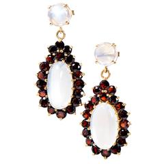 Garnet Blue Oval Moonstone Gold Dangle Earrings 9