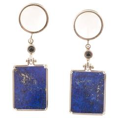 Peter Suchy Lace Agate Black Onyx Lapis Gold Dangle Earrings 9