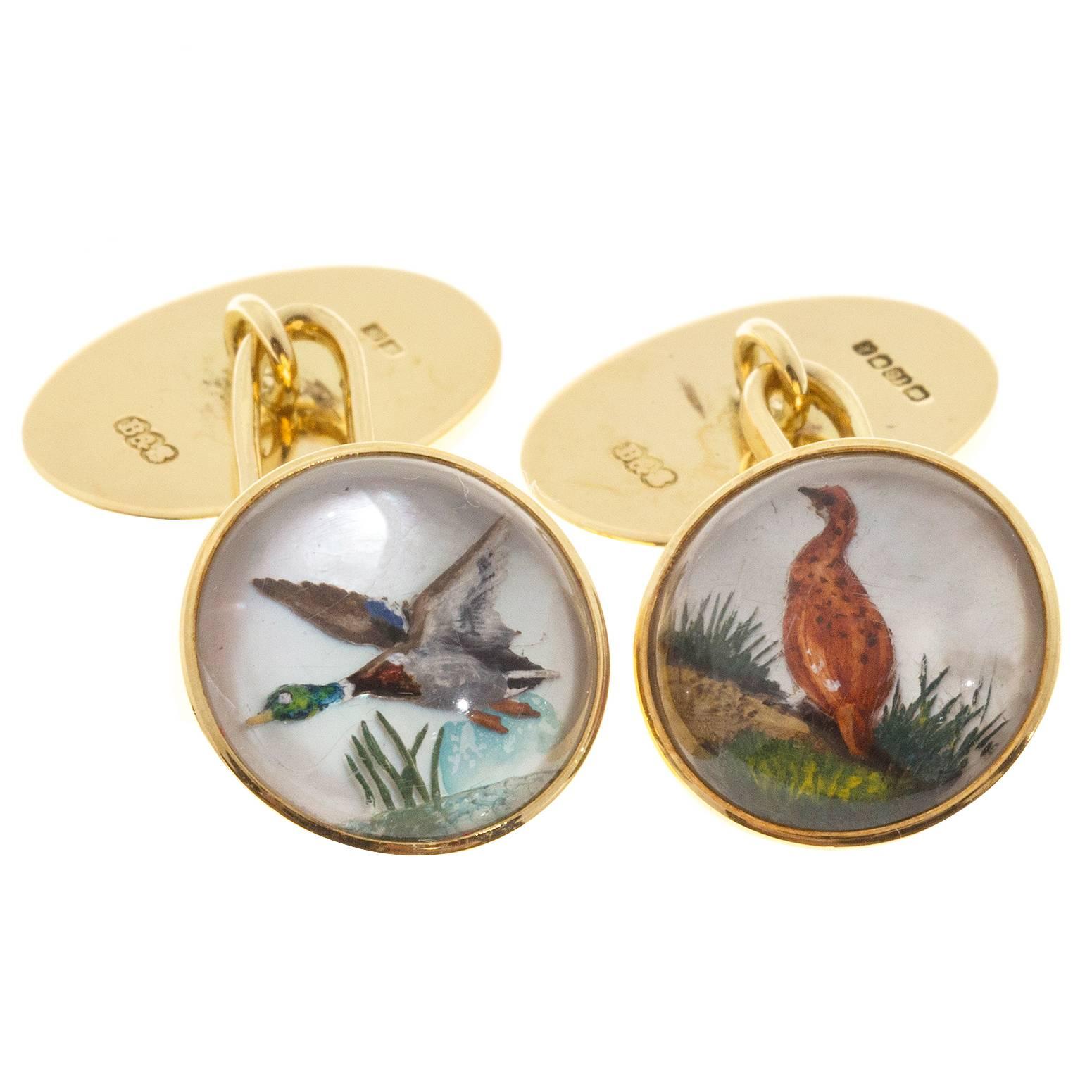 B + S Carved Crystal Duck Pheasant Gold Men's Cufflinks For Sale