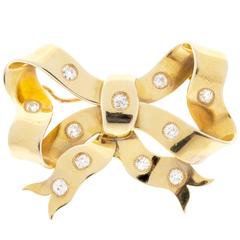 Old Mine Diamond Gold Ribbon Bow Pin