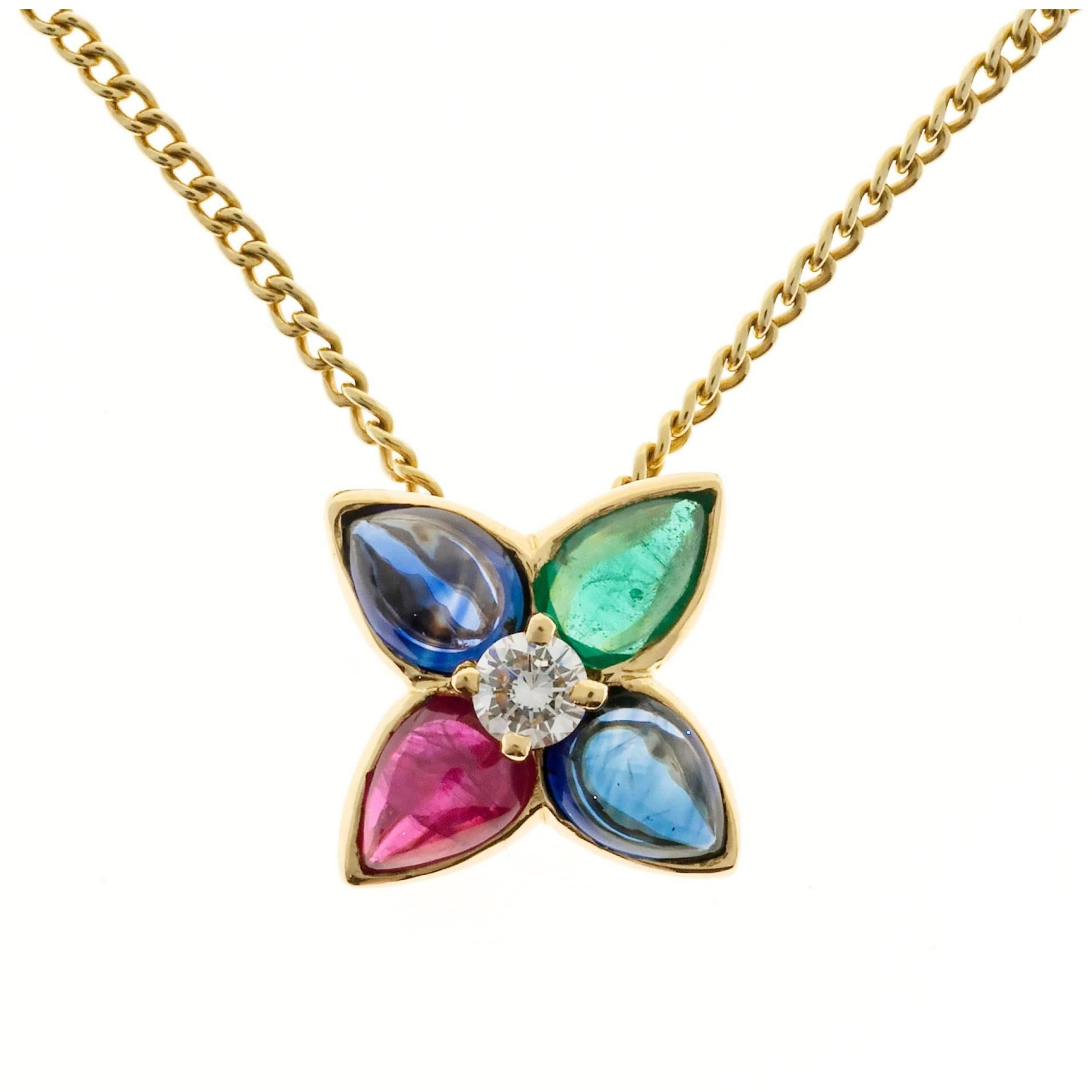 Cabochon Sapphire Emerald Ruby Diamond Gold Pendant Necklace