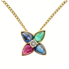 Cabochon Sapphire Emerald Ruby Diamond Gold Pendant Necklace