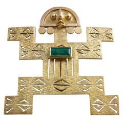 Emerald Gold Pre-Colombian Design Brooch