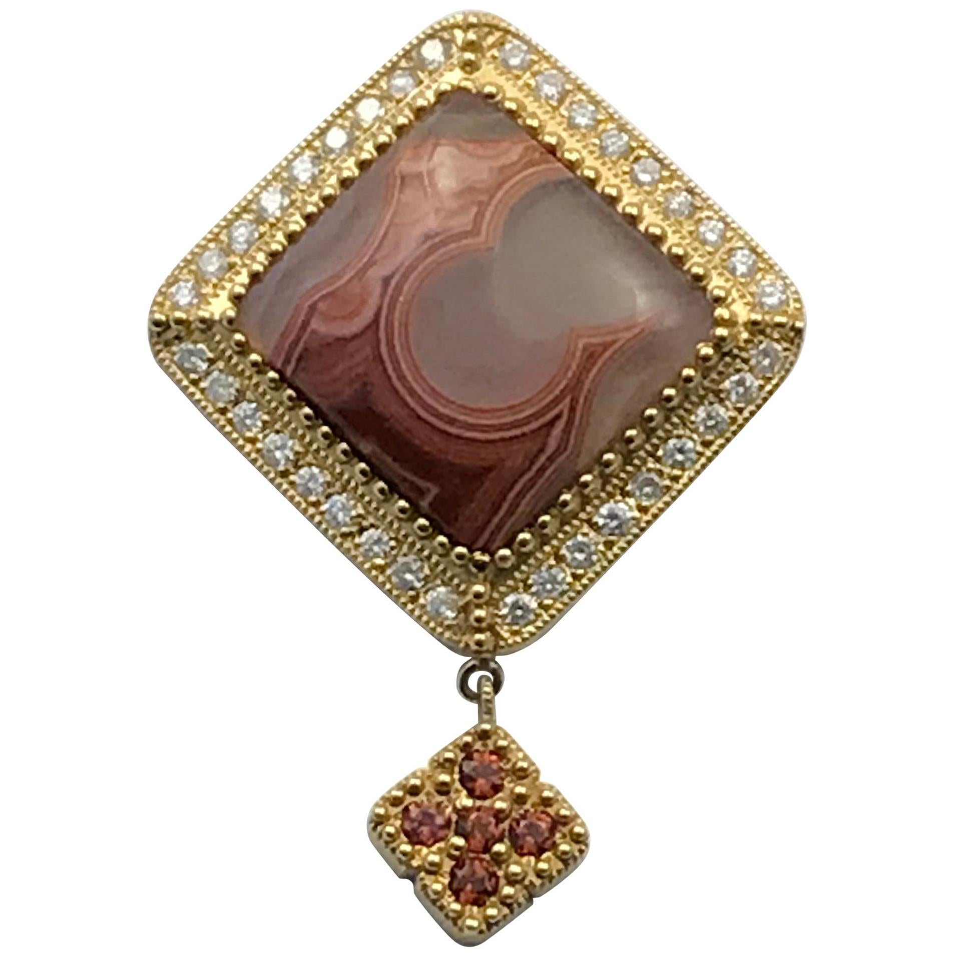 Lacuna Agate Pendant in 14 Karat Gold and Diamonds For Sale