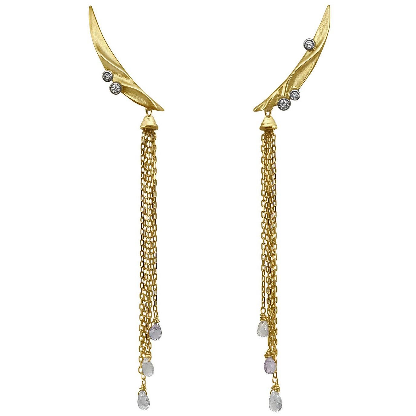 14 Karat Yellow Gold Removable Tassel Climber Earrings with Diamond accents For Sale