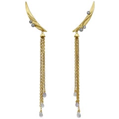 14 Karat Yellow Gold Removable Tassel Climber Earrings with Diamond accents