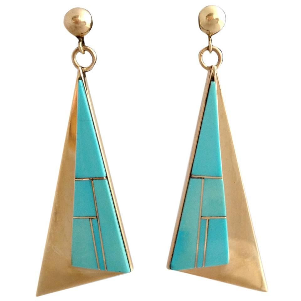 Gary Arviso Turquoise Gold Navajo Earrings at 1stDibs | kelly arviso ...