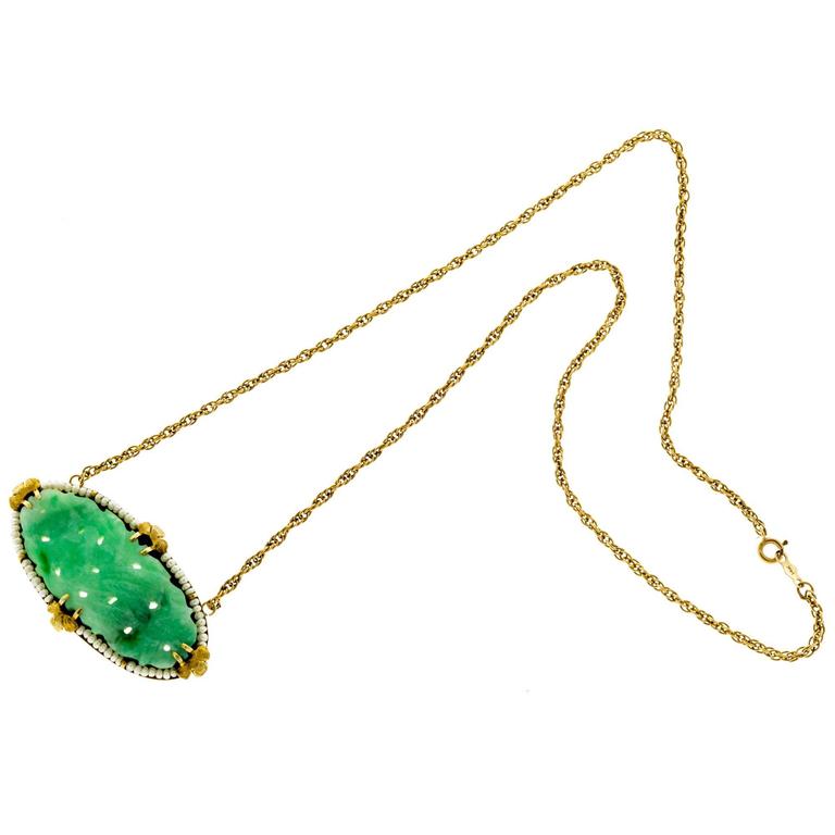 Carved Oval Jadeite Jade Natural Pearl Gold Pendant Necklace For Sale