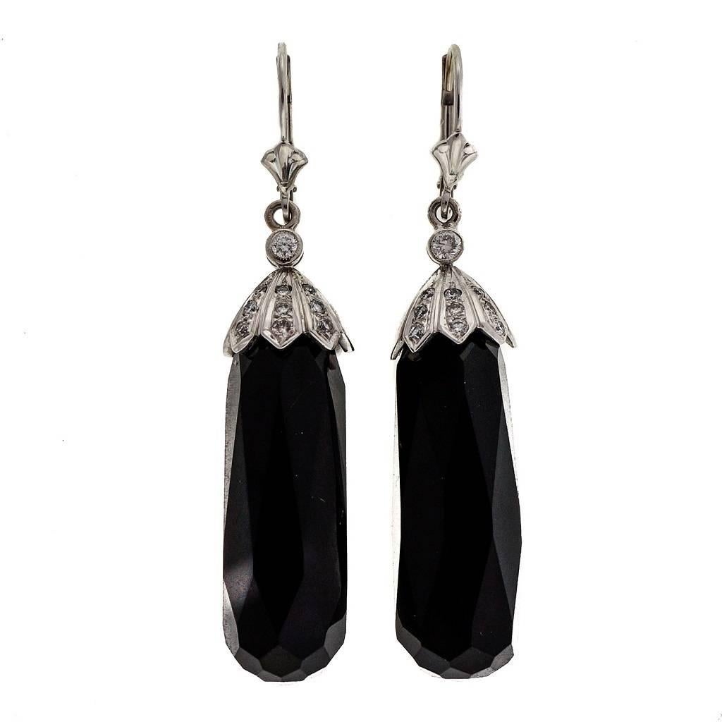 Diamond Black Onyx Briolette Gold Dangle Earrings For Sale
