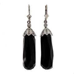 Diamond Black Onyx Briolette Gold Dangle Earrings