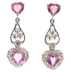 Pink Sapphire Diamond Heart Gold Dangle Earrings