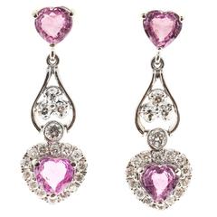 Pink Sapphire Diamond Heart Gold Dangle Earrings 3