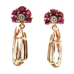 Ruby Diamond Two Color Tourmaline Gold Earrings 3