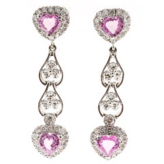 Pink Heart Sapphire Diamond Gold Dangle Drop Earrings