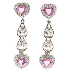 Pink Heart Sapphire Diamond Gold Dangle Drop Earrings 6