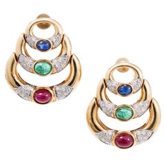 Vintage Cabochon Ruby Emerald Sapphire Diamond Gold Hinged Chandelier Crescent Earrings