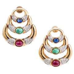 Cabochon Ruby Emerald Sapphire Diamond Gold Hinged Chandlier Crescent Earrings 9