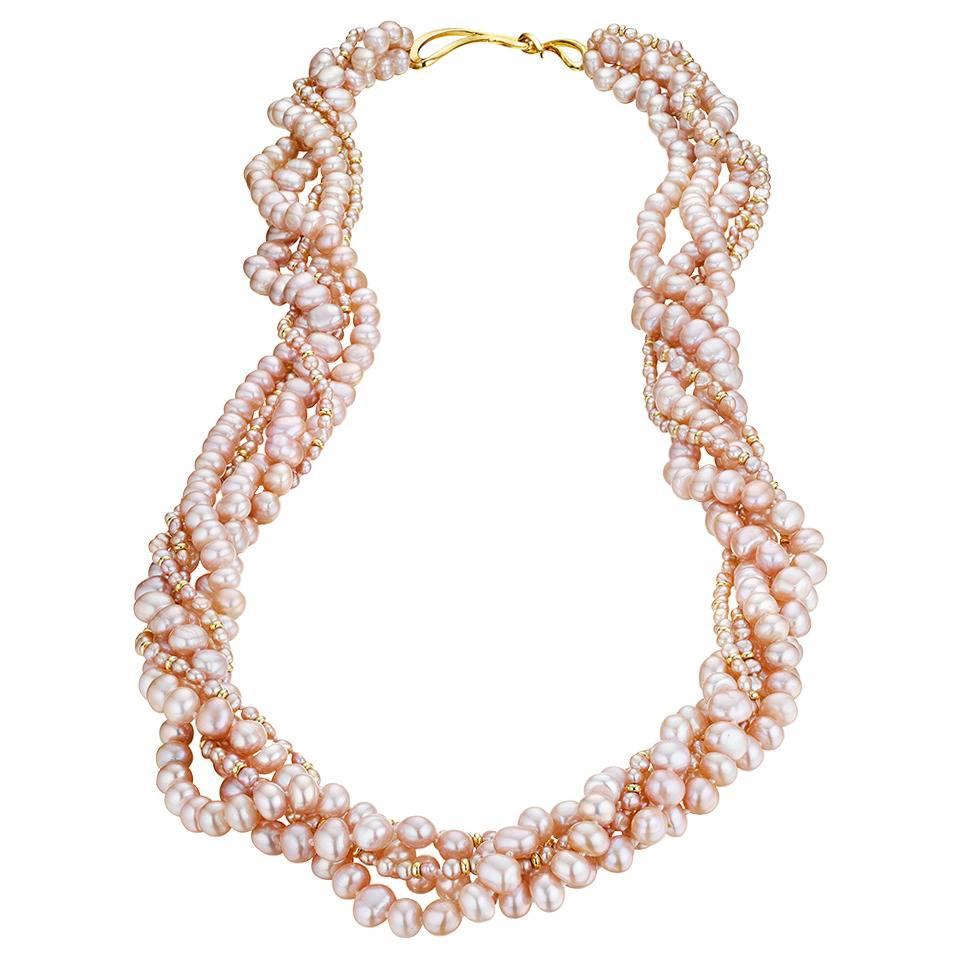 Naomi Sarna Five Strand Pink Pearl Gold Necklace For Sale