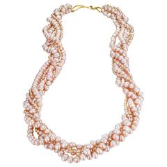 Naomi Sarna Five Strand Pink Pearl Gold Necklace