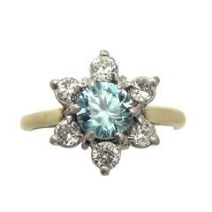 Antique 1.18 Ct Blue Zircon and 0.60 Ct Diamond, 18k Yellow Gold Cluster Ring 2