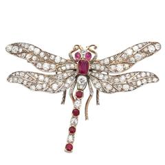 Victorian Ruby Diamond Gold Dragonfly Brooch 1