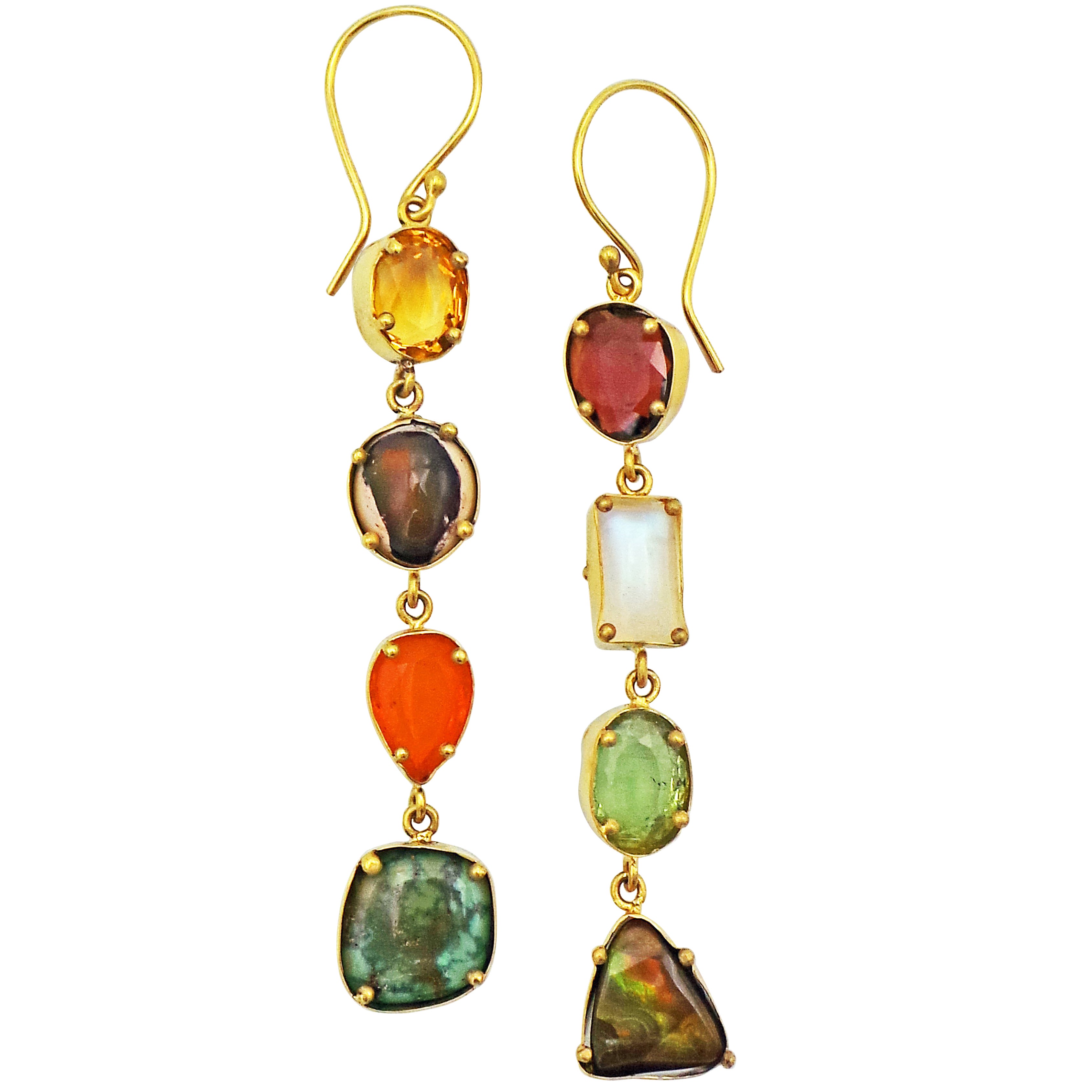 Opal, Turquoise and Sunstone 22-Karat Gold Asymmetrical Dangle Earrings ...
