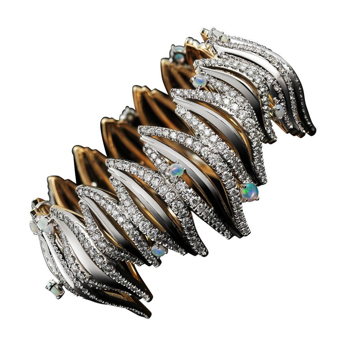 Opal Cabochon Diamond Gold Platinum Curved Cuff Bracelet