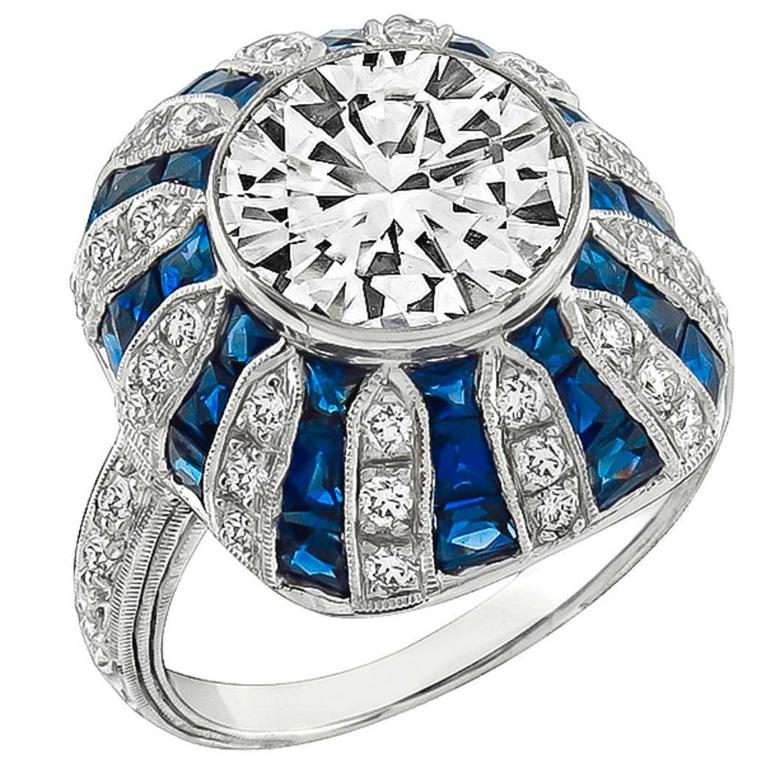 3.13 Carat Diamond Sapphire Gold Engagement Ring