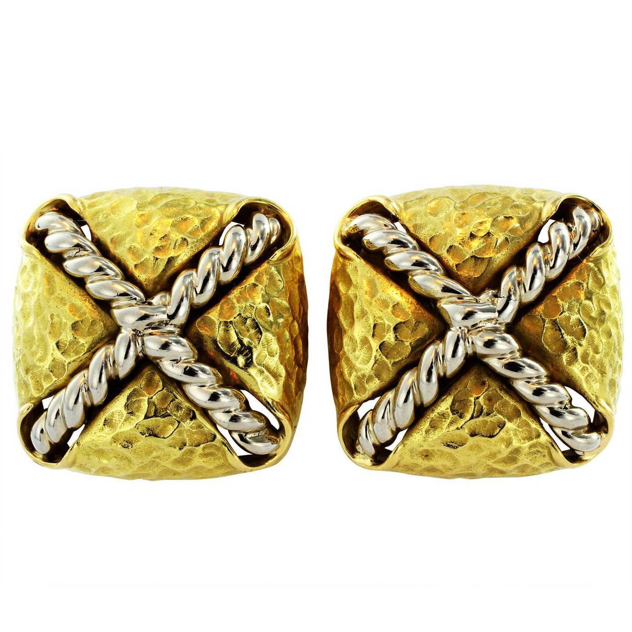 Tiffany & Co. Hammered Finish Gold Clip Earrings For Sale