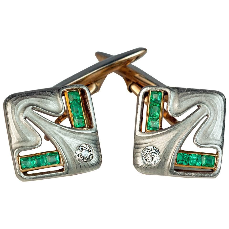 Art Nouveau Jugendstil Antique Diamond Emerald Platinum Gold Cufflinks