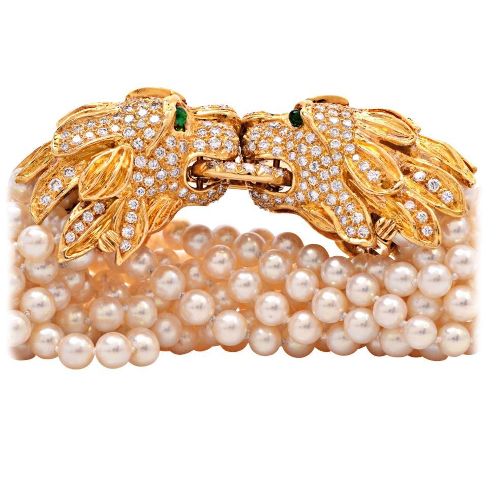 Large Pearl Emerald Diamond Gold Lion Heads Bracelet