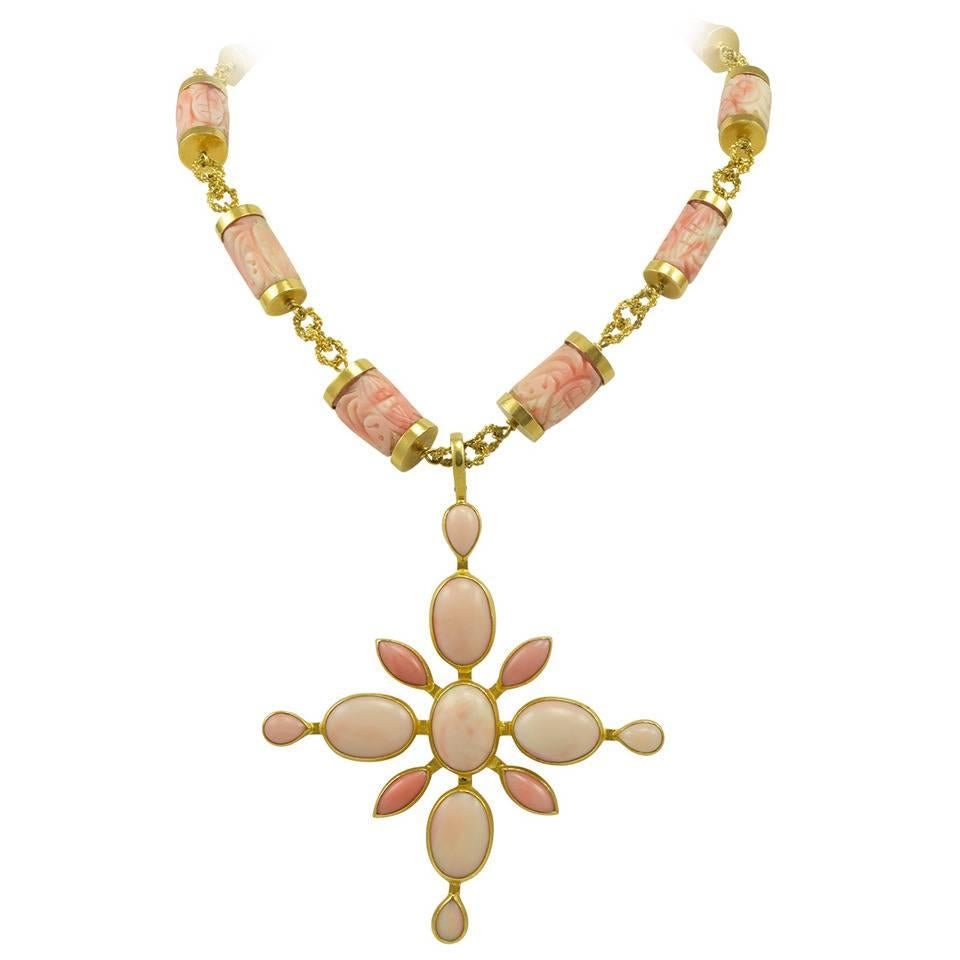 Rare Virginia Witbeck Natural Coral Gold Cross Pendant Necklace For Sale