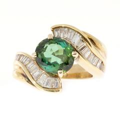 1960s Tourmaline Baguette Diamond Gold Swirl Ring