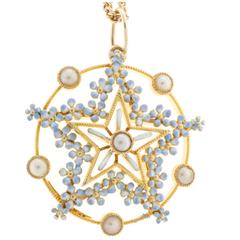1850s Pearl Enamel Gold Star Pendant Necklace