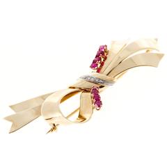 Tiffany & Co. Ruby Diamond Gold Platinum Bow Pin 12
