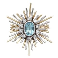Vintage 1.10Ct Aquamarine and 0.40Ct Diamond, 9k Yellow and White Gold Brooch 