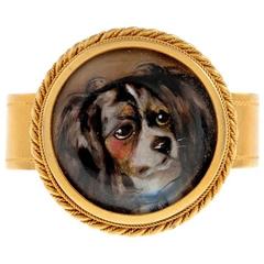 Antique Early Victorian King Charles Spaniel Hand Painted Scarf Clip and Box