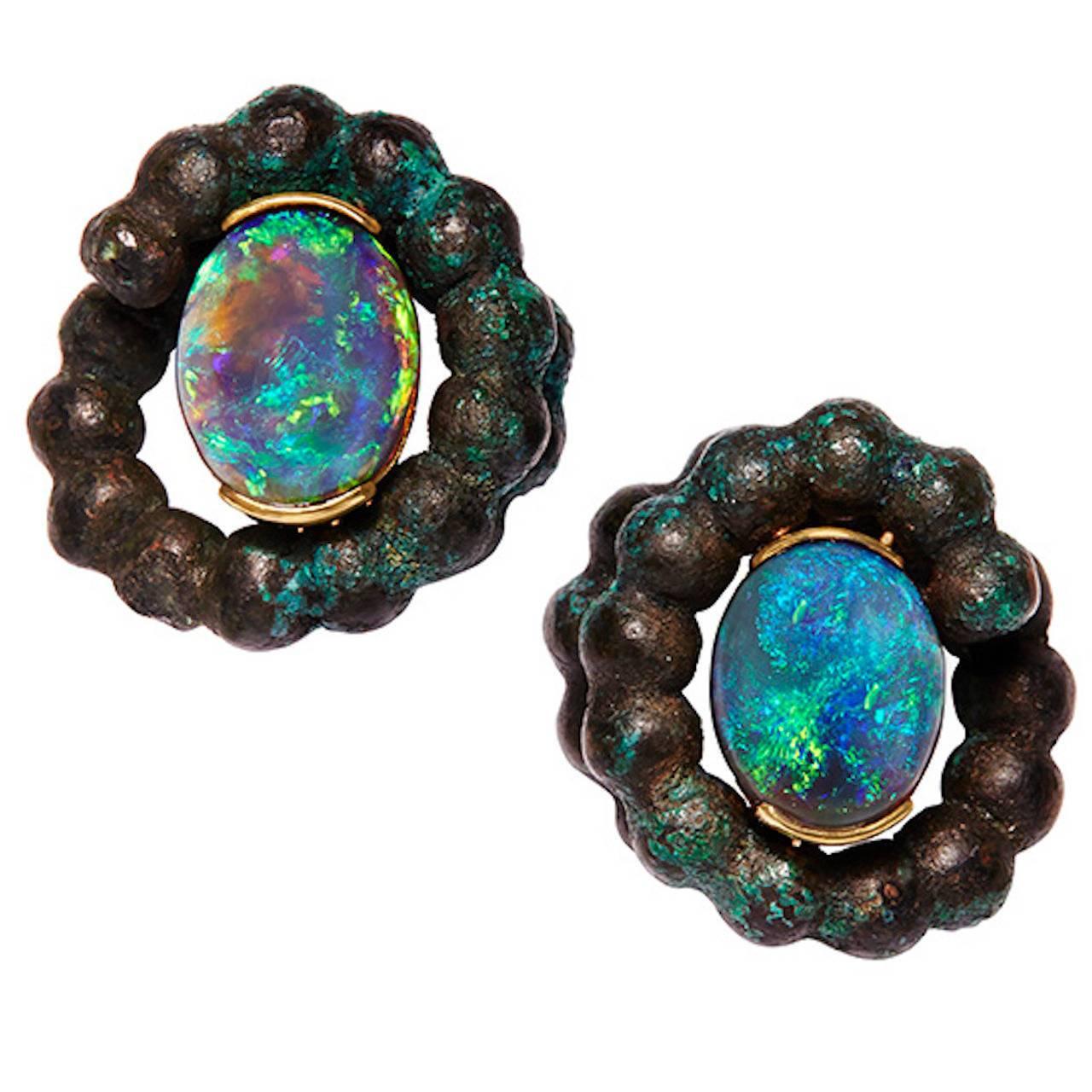 Black Opal Bronze Gold Han Dynasty Earrings For Sale