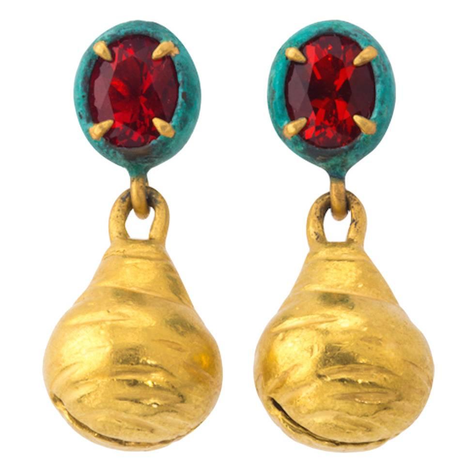 Fire Opal Bronze Gold Santa Fe Bell Earrings For Sale