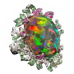 Rare Collectors Fire Opal Tsavorite Garnet Ruby Diamond Gold Ring 