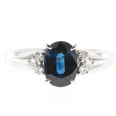 Retro 1.45 Carat Cornflower Oval Blue Sapphire Diamond Platinum Engagement Ring