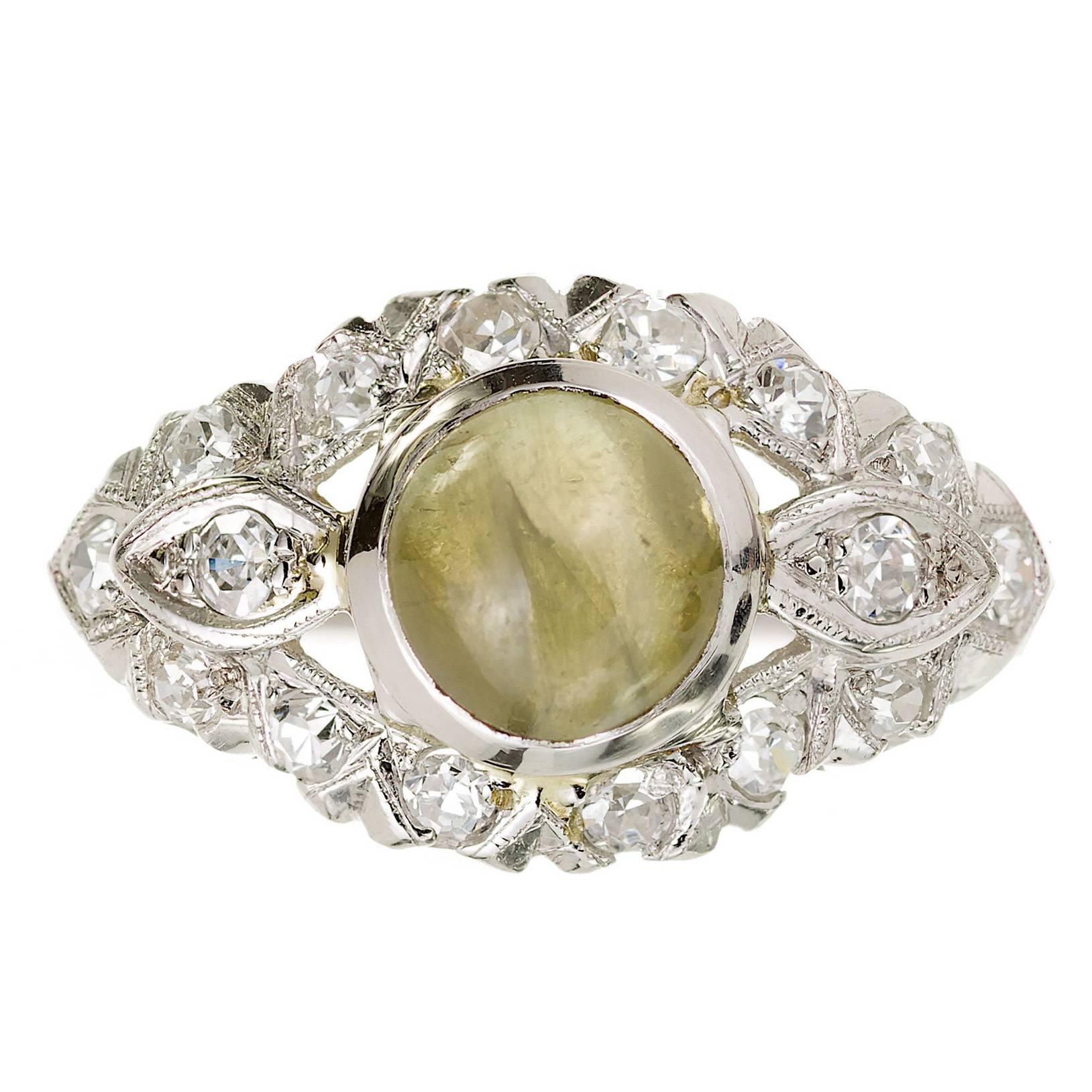 1.70 Carat Chrysoberyl Cat's Eye Diamond Platinum Art Deco Ring For Sale
