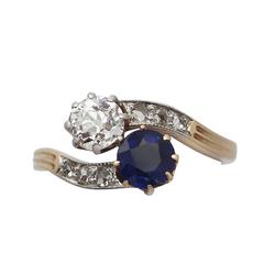 0.45Ct Sapphire & 0.52Ct Diamond, 14k Yellow Gold Twist Ring, Antique Circa 1910 5