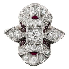Art Deco Diamond Red Enamel Platinum Filigree Cocktail Ring